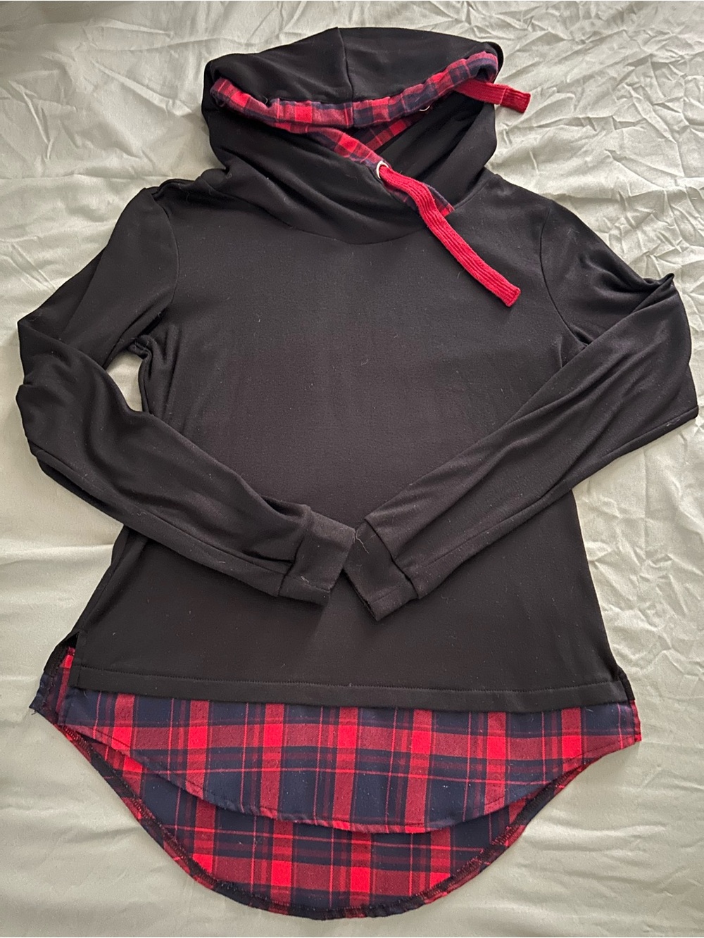Women's Black Hoodie Sweater with Red Plaid Trim
